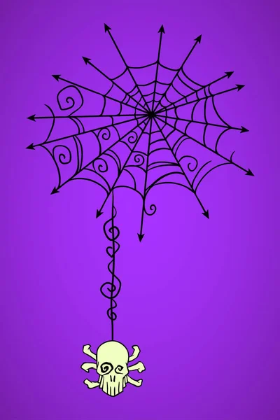 Spiderweb Con Teschio Disegnato Mano Celebrazione Halloween Biglietto Auguri Elemento — Vettoriale Stock