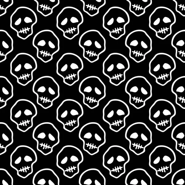 Vector Halloween Doodle Skulls Seamless Pattern Black White Design Background — Stock Vector