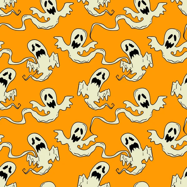 空飛ぶ幽霊ベクトルハロウィンシームレスなパターン パーティーポスターのデザインの背景 手描きの漫画イラスト オレンジの上に孤立したもの — ストックベクタ