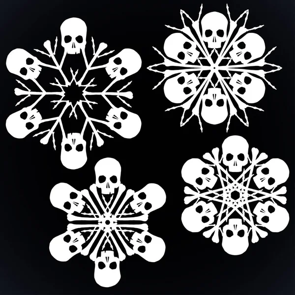 一组矢量轮廓雪片 由骷髅和骨骼制成 白色孤立在黑色背景之上 — 图库矢量图片