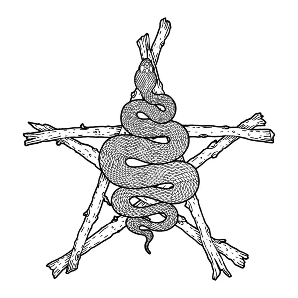Serpente Enrolada Sobre Paus Pentagrama Ilustração Detalhada Serpente Tribal Oculta —  Vetores de Stock