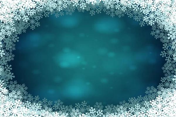 Weihnachten Schneeflocken Leeren Ovalen Rahmen Vektor Illustration Grußkarte Krickente Winter — Stockvektor