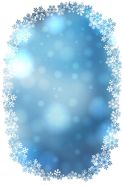 Christmas snowflakes blank oval frame vector illustration. Greeting card blue winter background with bokeh lights. Happy New Year.