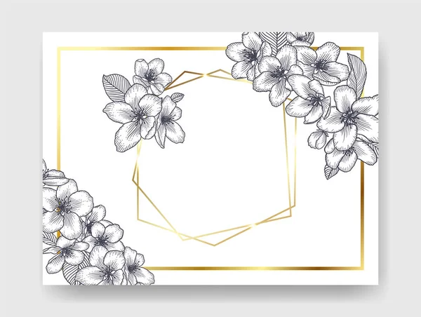 ベクトル植物の花の結婚式の招待エレガントなカードモノクロームテンプレート リンゴの花と黄金の幾何学的なフレーム グリーティングカード 天然化粧品 女性の製品のためのロマンチックなデザイン — ストックベクタ