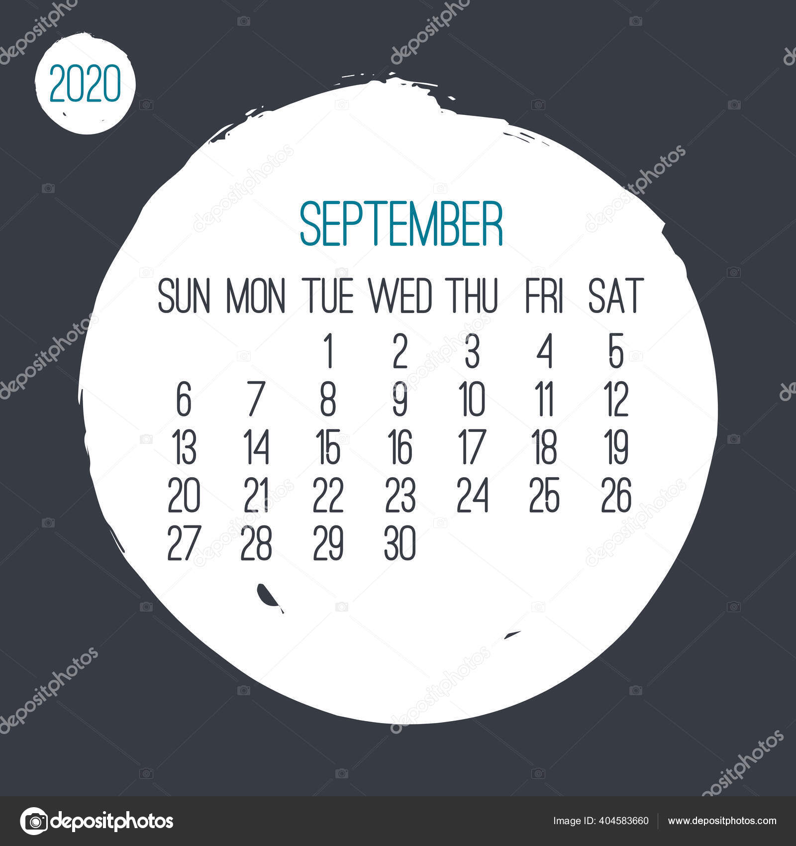 年9月当代病媒月历在深灰色背景上手绘白色圆形笔划图案星期日开始的一周 图库矢量图像 C De Kay