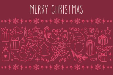 Noel el yazısı, içinde pembe renkli selamlar olan karalama tebrik kartı çizdi. Noel Baba, Noel ağacı, ren geyiği, kardan adam, kar taneleri, hediyeler, süslemeler, kutsal mum, yıldızlar..