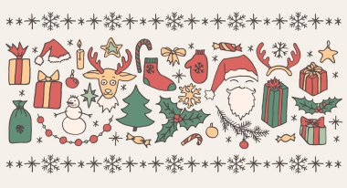 Geleneksel Noel el çizimi vektör elementleri beyaz üzerine izole edilmiş. Noel Baba, ağaç, ren geyiği, kardan adam, kar taneleri, hediyeler, süslemeler, kutsal mum, yıldızlar..