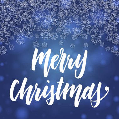 Elle yazılmış Noel selamları, kar taneleri çerçevesinde kartpostallar için modern şenlik el yazısı harfleri. Tatil sezonu mavi ve beyaz tasarım, vektör illüstrasyonu.