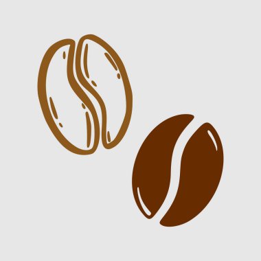 İki kavrulmuş kahve çekirdeği, kafein sembolü. Beyaz arkaplanda el çizimi grafik çizimi çizimi.