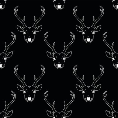 Geyik kafalarıyla tek renkli, pürüzsüz desen. Siyah ve beyaz olarak vahşi yaşam arka planında vektör doğa. Geyik arkaplanı.