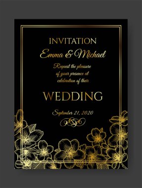 Çiçekli botanik düğün davetiyesi. Elma çiçekli, koyu renkli, zarif bir kart şablonu. Tebrik kartı ve kadın ürünleri için lüks tasarım. Siyahın üstüne altın renginde illüstrasyon.