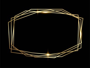 Siyah arka planda izole edilmiş altın renkli parlak geometrik poligonal çerçeve. Altın metal lüks boş sınır. Vektör arkaplan resimleme şablonu.