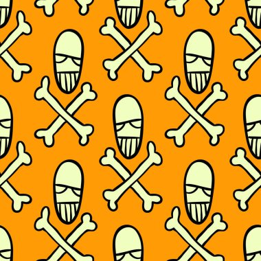 Vektör cadılar bayramı karalama kafatası ve kemiklerin kusursuz deseni. Parti posteri için tasarım arka planı. El çizimi karikatür çizimi. Turuncu üzerine izole nesneler.