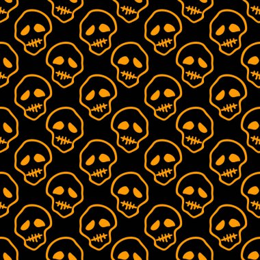 Vektör cadılar bayramı karalama kafatasları kusursuz desen. Parti posteri için tasarım arka planı. El çizimi karikatür çizimi turuncu üzeri siyah.