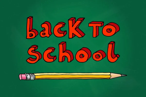 手描きのドアに戻る学校の赤い言葉と緑の黒板に鉛筆 — ストックベクタ