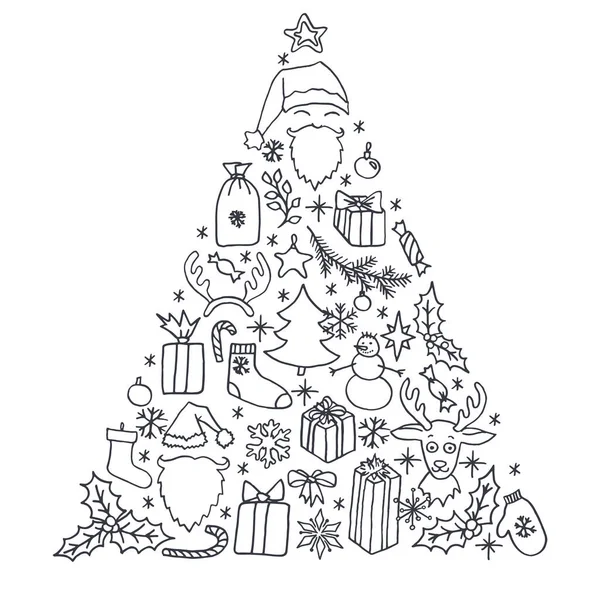 Zestaw Christmas Ręcznie Rysowane Elementy Doodle Tworzące Trójkąt Kolorze Czarnym — Wektor stockowy