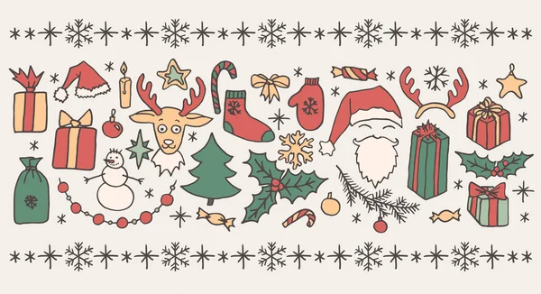 Zestaw Tradycyjnych Christmas Ręcznie Rysowane Elementy Wektorowe Doodle Izolowane Nad — Wektor stockowy