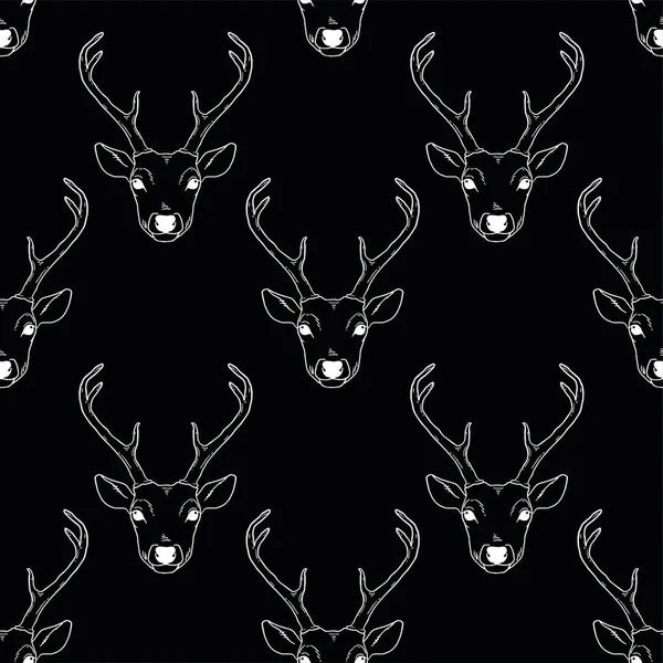 Monochrome Seamless Pattern Deer Heads Vector Nature Wildlife Animal Background — Stock Vector