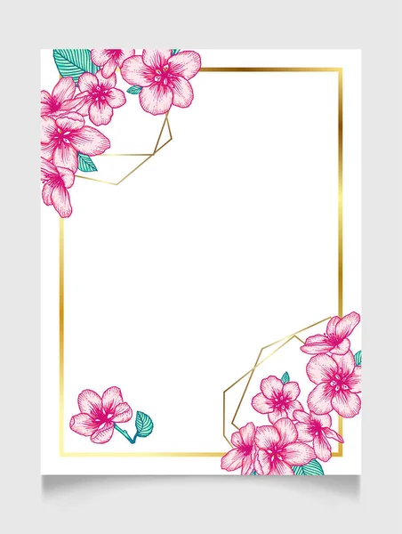 病媒植物花式婚宴请贴精美的卡片模板与粉红色的苹果花和金框 天然化妆品 女性产品的浪漫设计 — 图库矢量图片