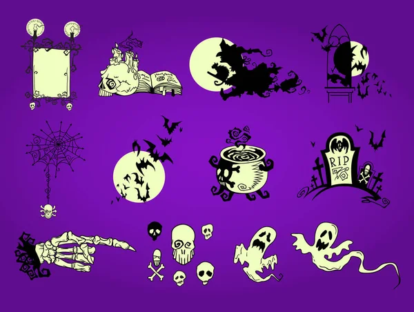 Mão Desenhada Halloween Cartão Celebração Elementos Design Conjunto Ilustração Vetorial —  Vetores de Stock