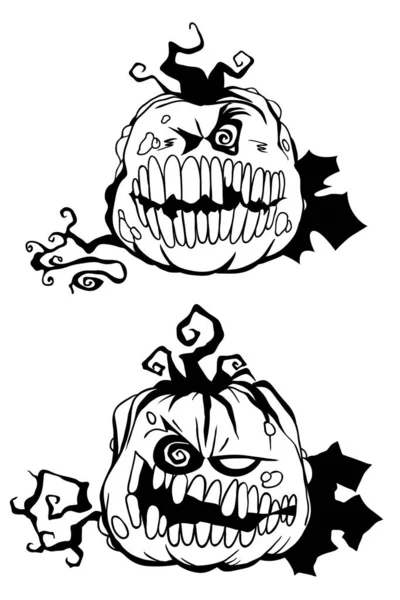 Carved Evil Smiling Pumpkins Jack Lanterns Set Hand Drawn Halloween — Stock Vector
