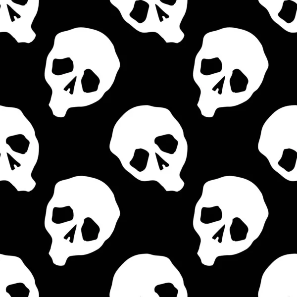 病媒万圣节涂鸦骷髅无缝图案黑色和白色 派对海报的设计背景 手绘卡通画 — 图库矢量图片