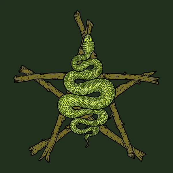 Serpent Enroulé Sur Bâtons Pentagramme Illustration Détaillée Serpent Occulte Tribal — Image vectorielle