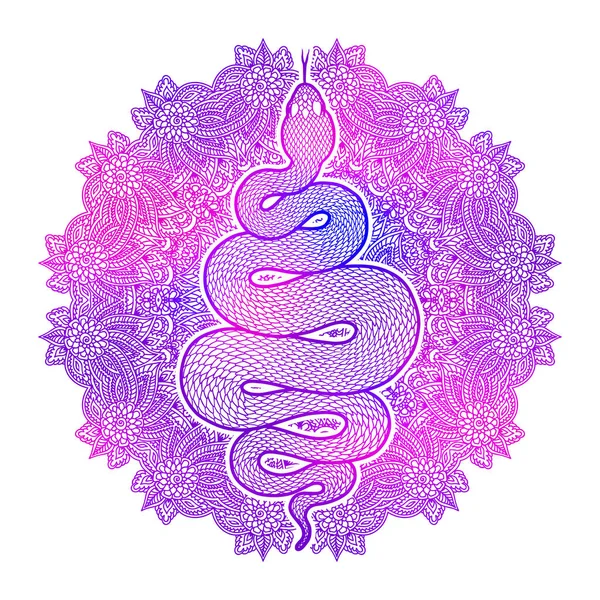 Serpent Enroulé Sur Mandala Floral Illustration Détaillée Serpent Tribal Coloré — Image vectorielle