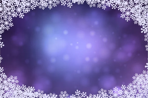 圣诞雪花的空白椭圆形框架矢量插图 带有复制空间和Bokeh灯的贺卡紫色蓝色冬季背景 — 图库矢量图片