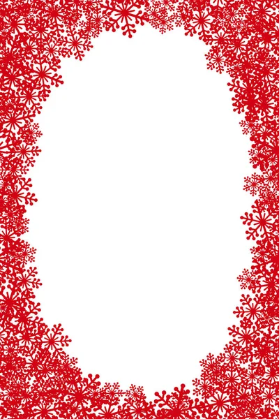 赤いクリスマスの雪片空白の楕円形のフレームベクトル図 コピースペース付きグリーティングカード白い冬の背景 明けましておめでとうございます — ストックベクタ