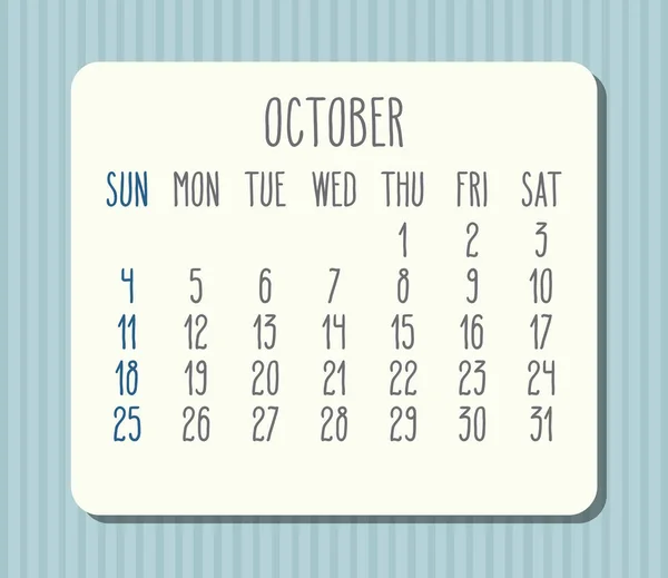 October Year 2020 Vector Monthly Light Calendar White Frame Pastel — Stock Vector