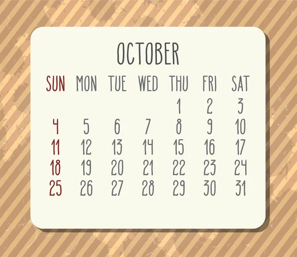Ekim 2020 Vektör Takvimi Pazar Gününden Itibaren Hafta Başlıyor Klasik — Stok Vektör