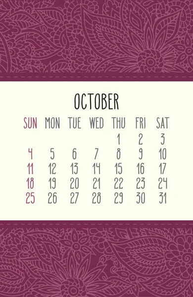 Octubre Año 2020 Vector Calendario Mensual Sobre Encaje Doodle Ornato — Vector de stock