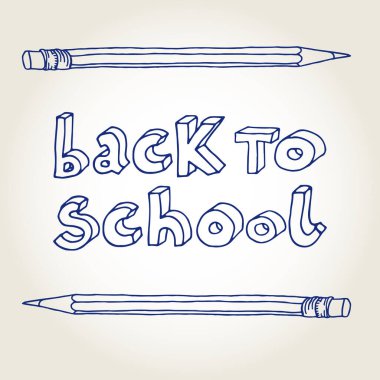 El çizimi karalama hatları Okula geri mavi kelimeler ve beyaz arkaplan üzerinde izole iki kalem.