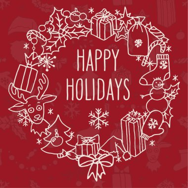 Kış tatili el çizimi çelenk tebrik kartı. Noel Baba şapkası, Noel ağacı, ren geyiği, kardan adam, kar taneleri, hediyeler, süslemeler, kutsal ve şeker.