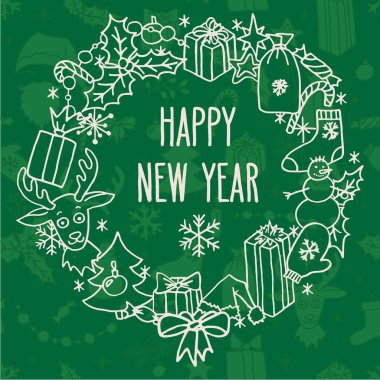 Mutlu yıllar çizilmiş karalama çelengi tebrik kartı. Noel Baba şapkası, Noel ağacı, ren geyiği, kardan adam, kar taneleri, hediyeler, dekorasyonlar ve çobanpüskülü.