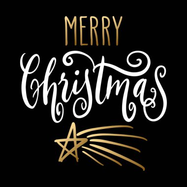 Elle yazılmış Noel selamları, kartpostallar için modern şenlik el yazısı harfleri. Siyah yerine beyaz ve altın izole. Tatil sezonu tasarımı, vektör illüstrasyonu.