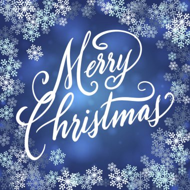 Elle yazılmış Noel selamları, mavi beyaz kar taneleri çerçeveli kartpostallar için modern şenlik el yazısı harfleri. Tatil sezonu tasarımı, vektör illüstrasyonu.