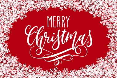 Elle yazılmış Noel selamları, kar taneleri çerçevesinde kartpostallar için modern şenlik el yazısı harfleri. Tatil sezonu kırmızı ve beyaz tasarım, vektör illüstrasyonu.