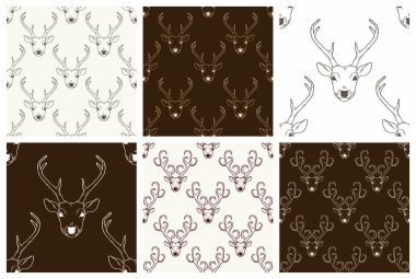Geyik kafalarıyla kahverengi ve beyaz desenli. Vector doğa vahşi hayvan arka planda siyah ve beyaz. Geyik arkaplan koleksiyonu.