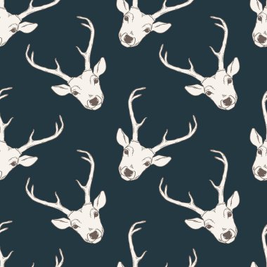 Geyik kafalarıyla kusursuz desen. Vector doğa vahşi hayvan geçmişi. Avcılık kupası, karanlık zemin.