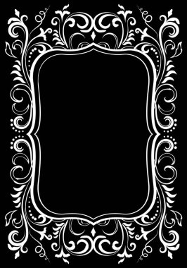 Siyah üzerine izole edilmiş beyaz çiçekli boş çerçeve. Viktorya dönemi barok sınır vektörü arkaplan illüstrasyonu.