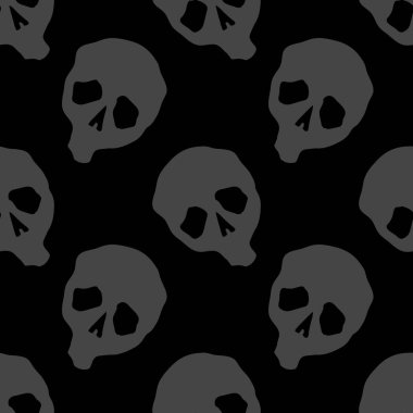 Vektör cadılar bayramı karalama kafatasları kusursuz desen. Parti posteri için tasarım arka planı. El çizimi karikatür çizimi koyu gri üzerine siyah.