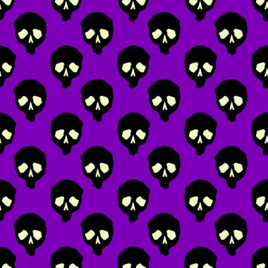 Vektör Cadılar Bayramı kafatasları kusursuz desen. Parti posteri için tasarım arka planı. El çizimi karikatür çizimi. Mor üzerine izole edilmiş nesneler.