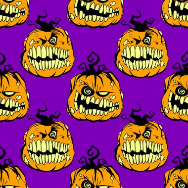 Gülen balkabağı vektörü Cadılar Bayramı kusursuz desen. Parti posteri için tasarım arka planı. El çizimi karikatür çizimi. Mor üzerine izole edilmiş nesneler.