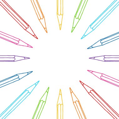 El çizimi vektör karalama renk kalemler boş çerçeve. Sanat ve çizim çok renkli pastel boya kalemi sınırı beyaz üzerine izole edilmiş.