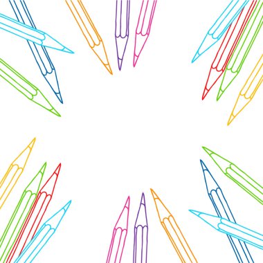 El çizimi vektör karalama renk kalemler boş çerçeve. Sanat ve çizim çok renkli pastel boya kalemi sınırı beyaz üzerine izole edilmiş.
