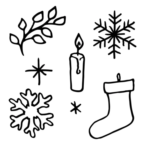 Met Hand Getekend Kerst Doodle Design Elementen Set Wintervakantie Wenskaart — Stockvector