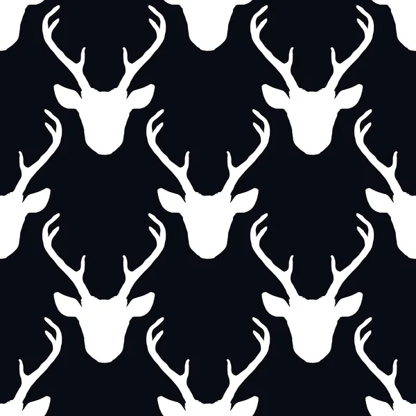 鹿头的无缝图案 病媒自然野生动物背景 狩猎奖杯黑色和白色背景 — 图库矢量图片