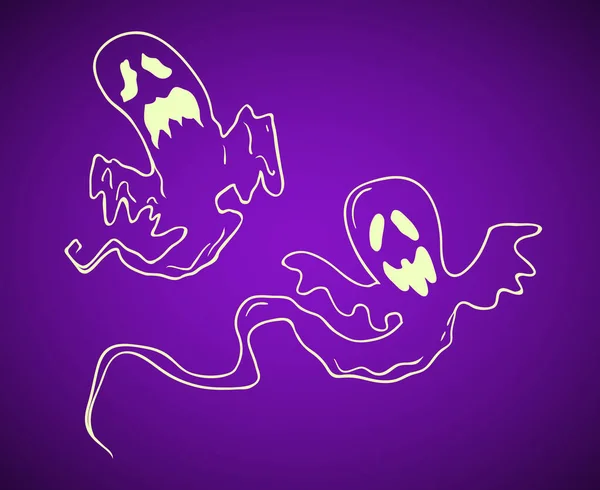 空飛ぶ幽霊 手描きハロウィンお祝いデザイン要素記号 紫と淡い黄色のベクトルイラスト — ストックベクタ